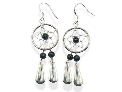 Handmade Silver Dreamcatcher Dangle Earrings with Genuine stone Beads Turquoise, Coral, Onyx and Lapis
