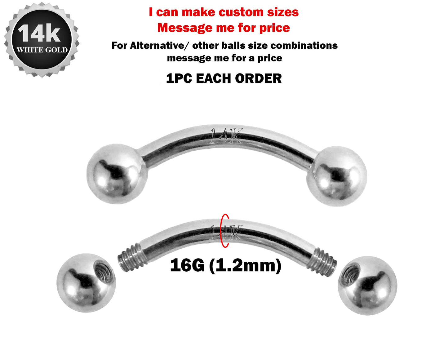 14K White Gold 16G Curved Barbell Piercing - 14K Gold Body Piercing for Eyebrow, Lip piercing, Rook Jewelry, Cartilage Bar