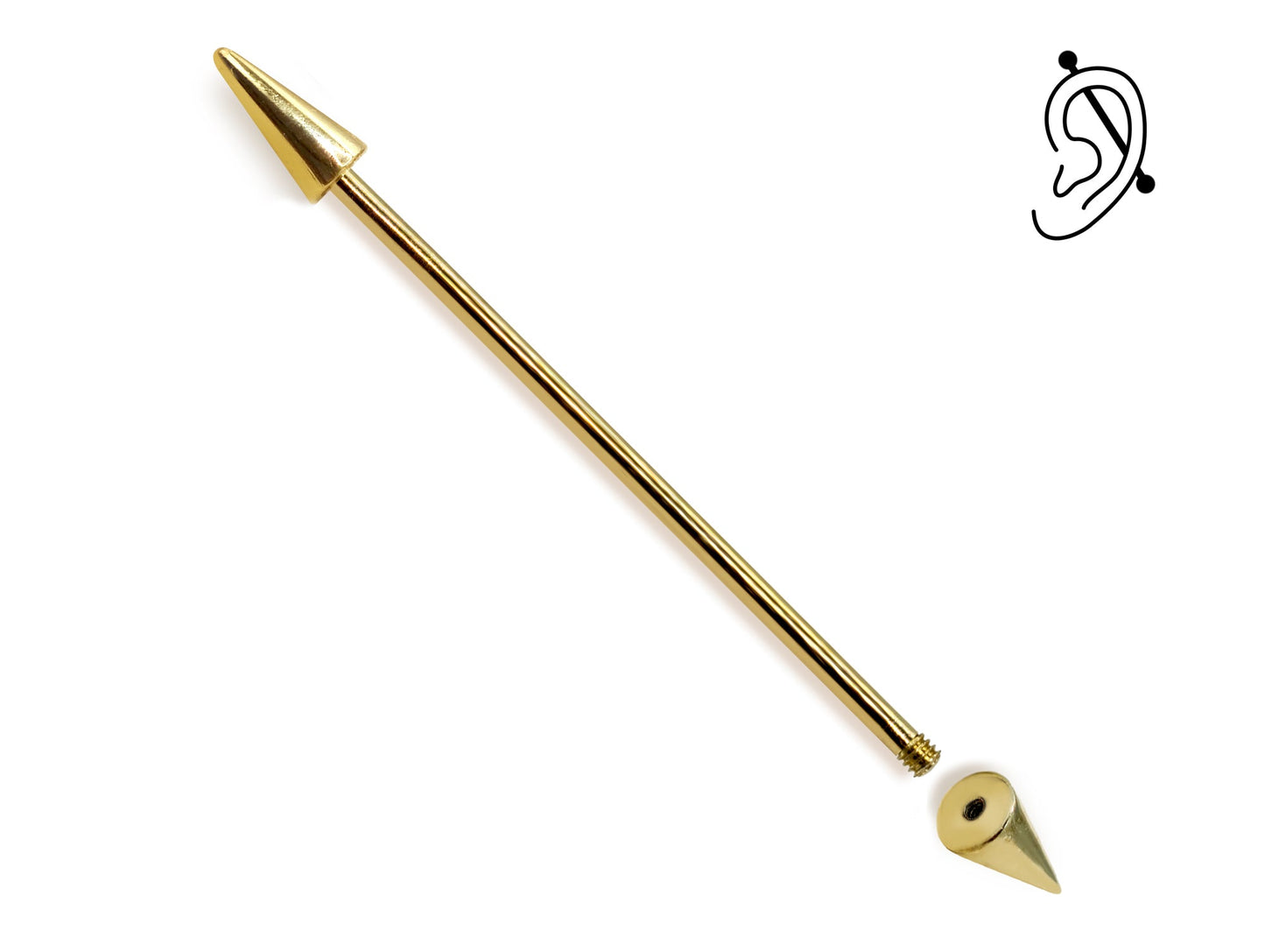 14G (1.6mm) | 14K Solid Gold Cone/Spike Industrial Barbell, Scaffold Piercing Body Jewellery