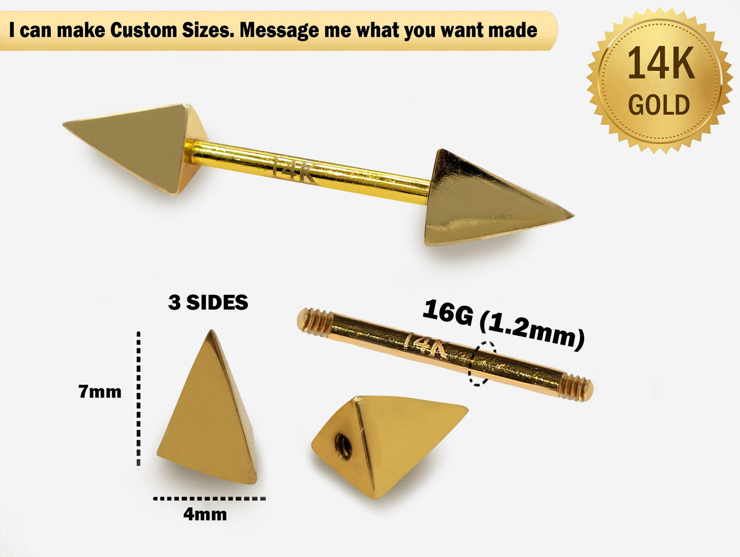 14K Real Gold 3 Side Spike Pyramid Nipple Jewelry, Barbell Piercing, Barbell Earrings - 16G Body Jewellery Straight Barbell Stud