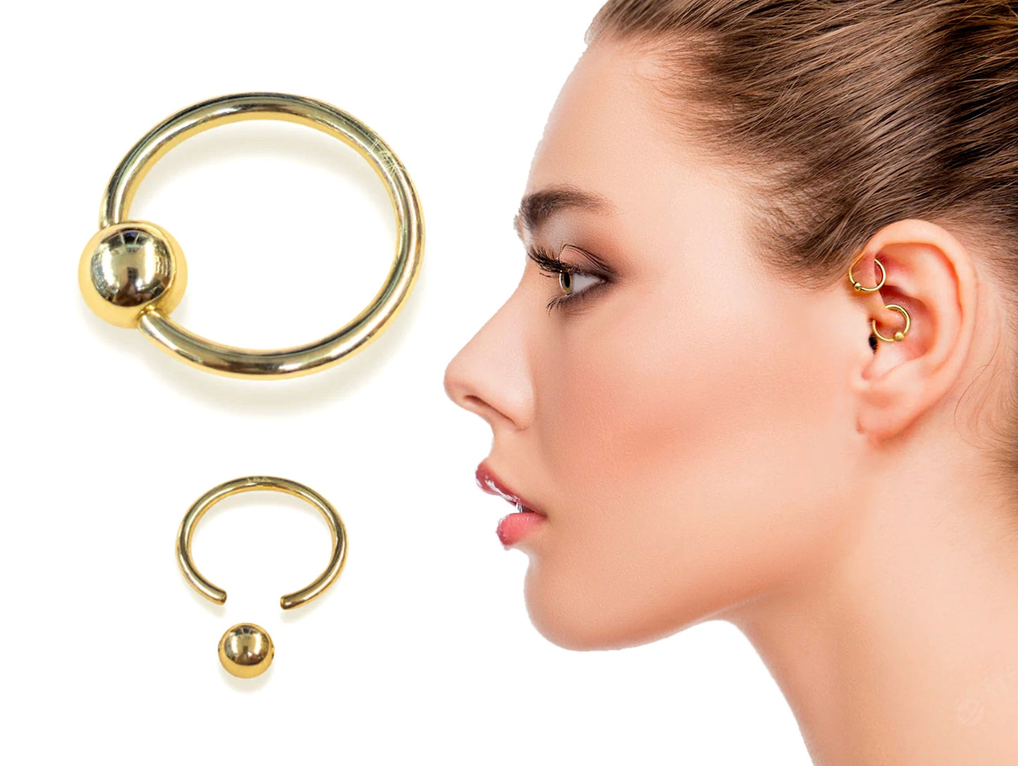 14K Gold Captive Bead Hoops, Ball Closure Ring BCR, Lip Jewellery, Cartilage Helix, Daith, Conch, Septum Piercing - Size 18g 16g 14g