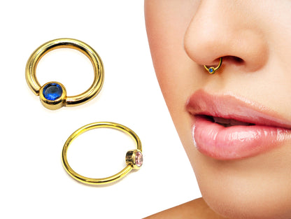 14K Solid Gold Gold Ball Hoop Ring with Cup Bead Septum Piercing - 14K with Precious Stones Piercing for Nipple Jewelry, Rook, Cartilage