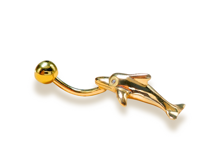 14K Gold Belly Ring - Dolphin Belly Bar, 14G Belly Button Piercing, Navel Jewellery -Hand Made Gold Body Jewellery Rings