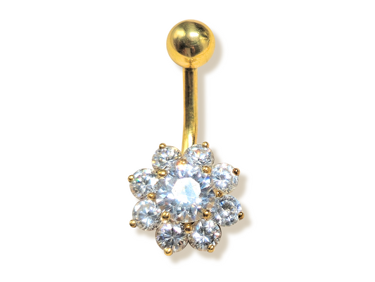 14K Gold Flower Belly Ring, Belly Button Rings, 14G Length 10mm , Belly Bar, Navel Jewellery - Hand Made Body Jewellery Piercings