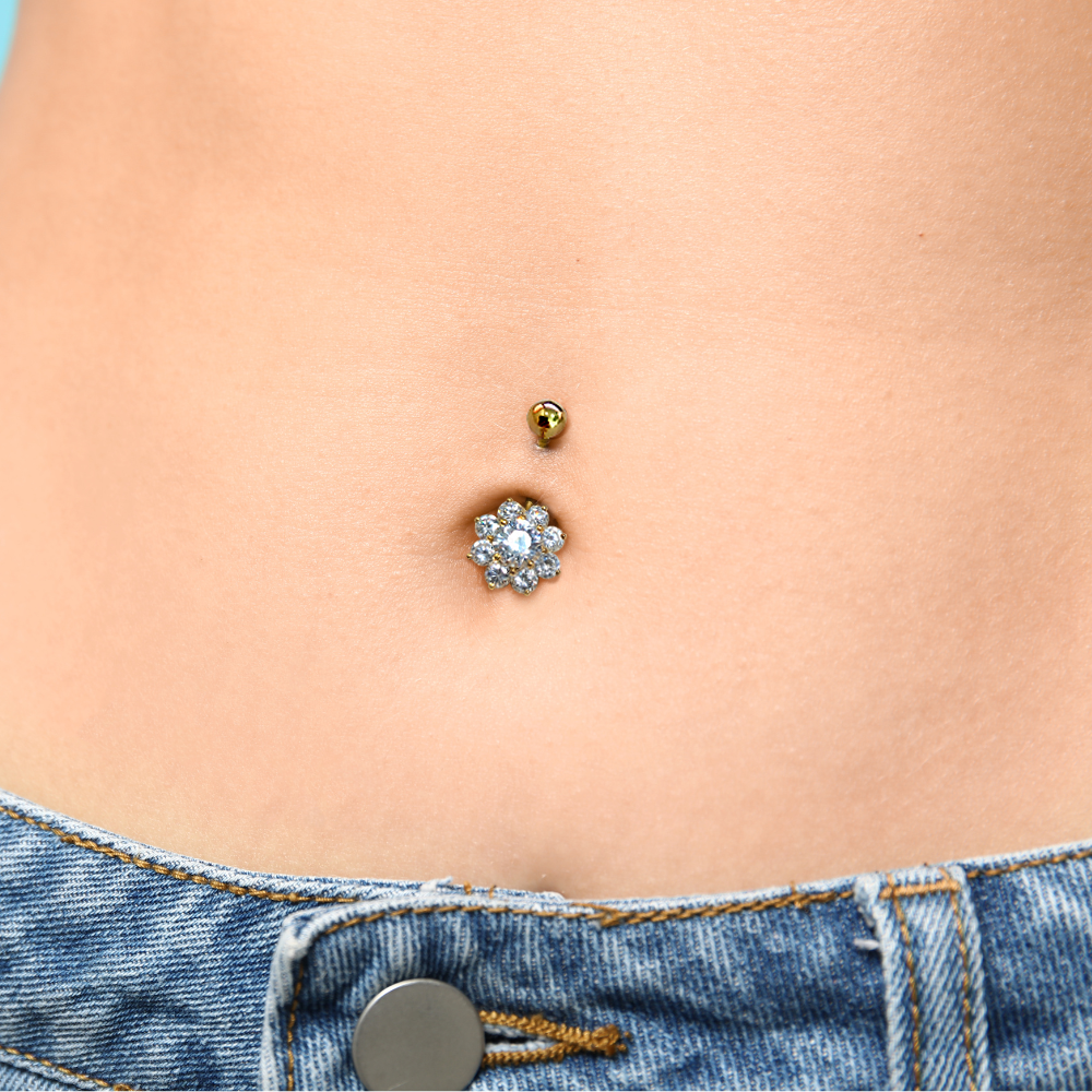 14K Gold Flower Belly Ring, Belly Button Rings, 14G Length 10mm , Belly Bar, Navel Jewellery - Hand Made Body Jewellery Piercings