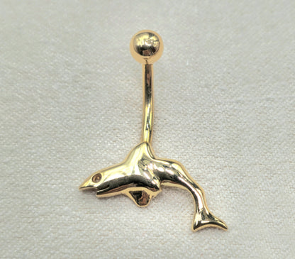 14K Gold Shark Belly Button Ring - Set and Hand Polished - Hand Made 14K Solid Gold Belly Bar for that very special Person