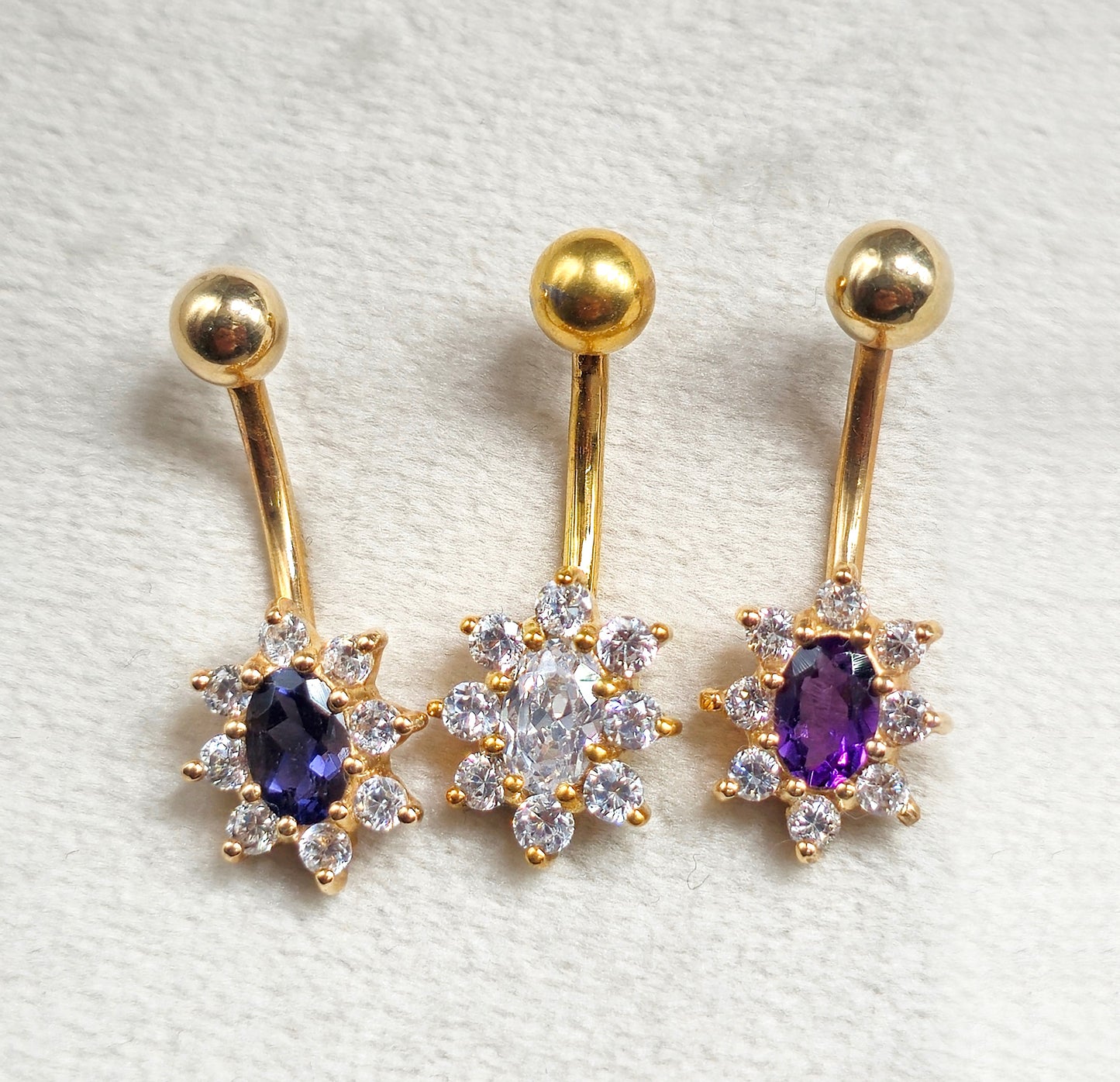 14K Gold Flower Belly Button Ring with Precious Stone Crystal Belly Ring - Belly Bar made of Fine Jewelry Hand Set and Hand Polished