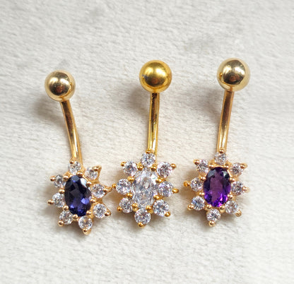 14K Gold Flower Belly Button Ring with Precious Stone Crystal Belly Ring - Belly Bar made of Fine Jewelry Hand Set and Hand Polished