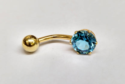 14K Solid Gold Belly Button Ring with Solitaire Prong Set Crystal Belly Ring - Solid Gold Belly Bar Fine Jewelry Hand Set and Polished