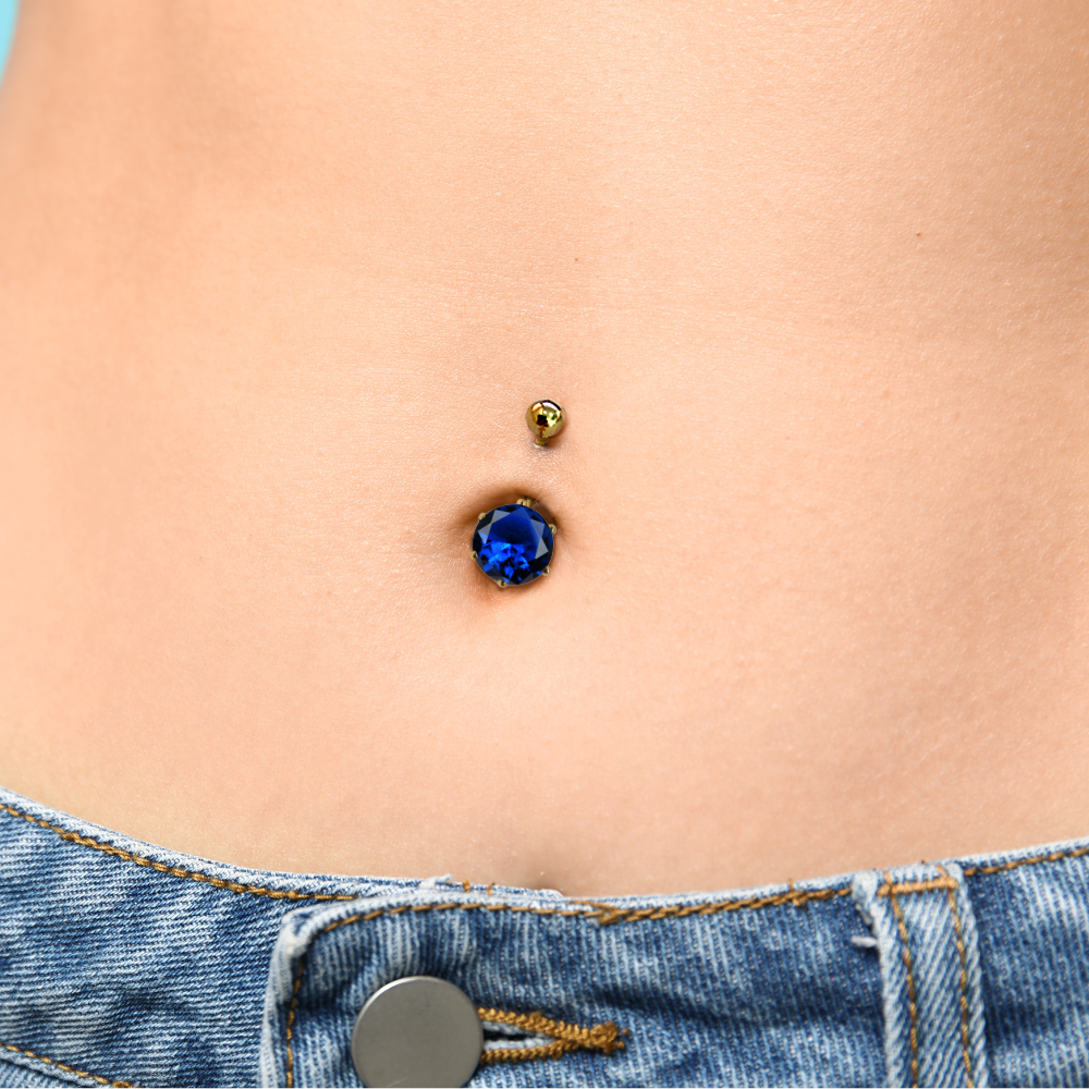 14K Solid Gold Belly Button Ring with Solitaire Prong Set Crystal Belly Ring - Solid Gold Belly Bar Fine Jewelry Hand Set and Polished