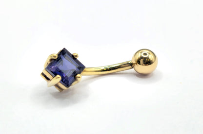 14K Solid Gold Belly Button Ring with Diamond Semi and Precious Stone- Hand Made 14K Gold Belly Bar for that very special Person