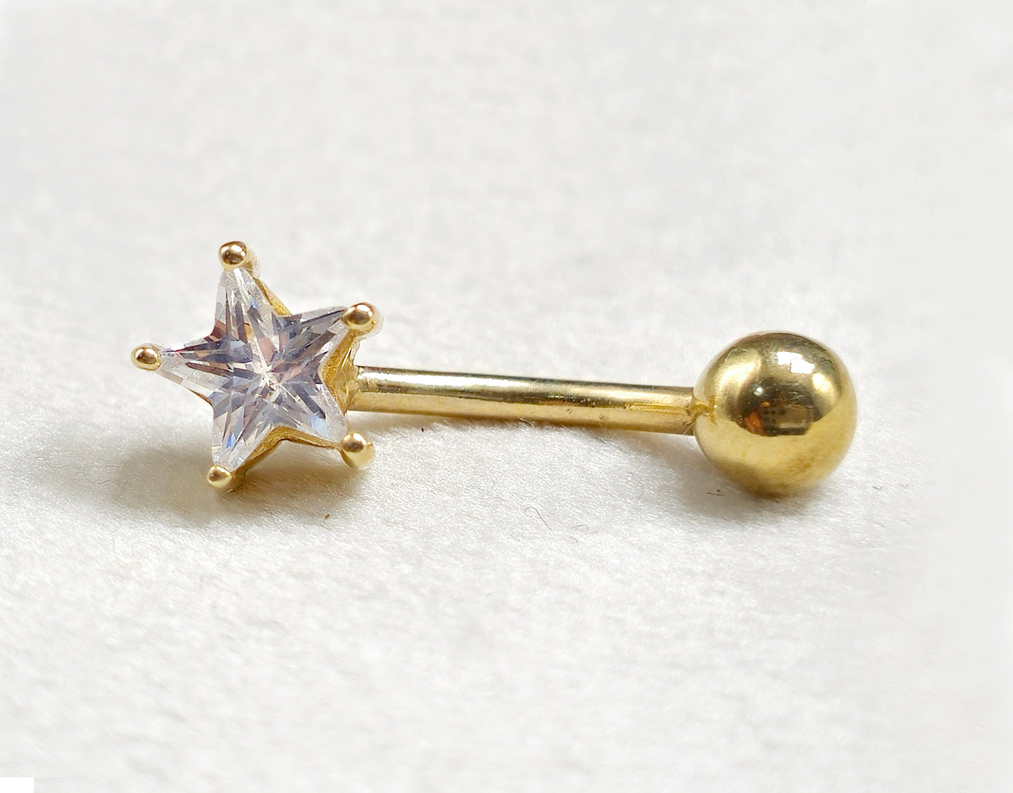 14K Solid Gold Belly Button Ring - Star Shape Crystal Belly Ring - Gold Belly Bar made of 14K Gold - Fine Jewelry Hand Set and Hand Polished