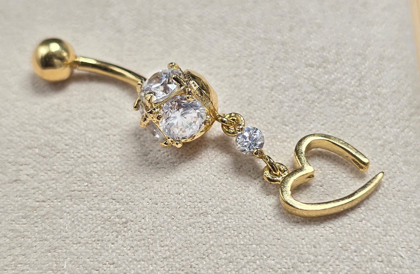 Belly Button Ring Dangle Open Heart Shape with Crystal Belly Ring - Belly Bar made of 14K Gold Fine Jewelry Hand Set and Hand Polished
