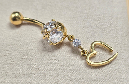 Belly Button Ring Dangle Open Heart Shape with Crystal Belly Ring - Belly Bar made of 14K Gold Fine Jewelry Hand Set and Hand Polished