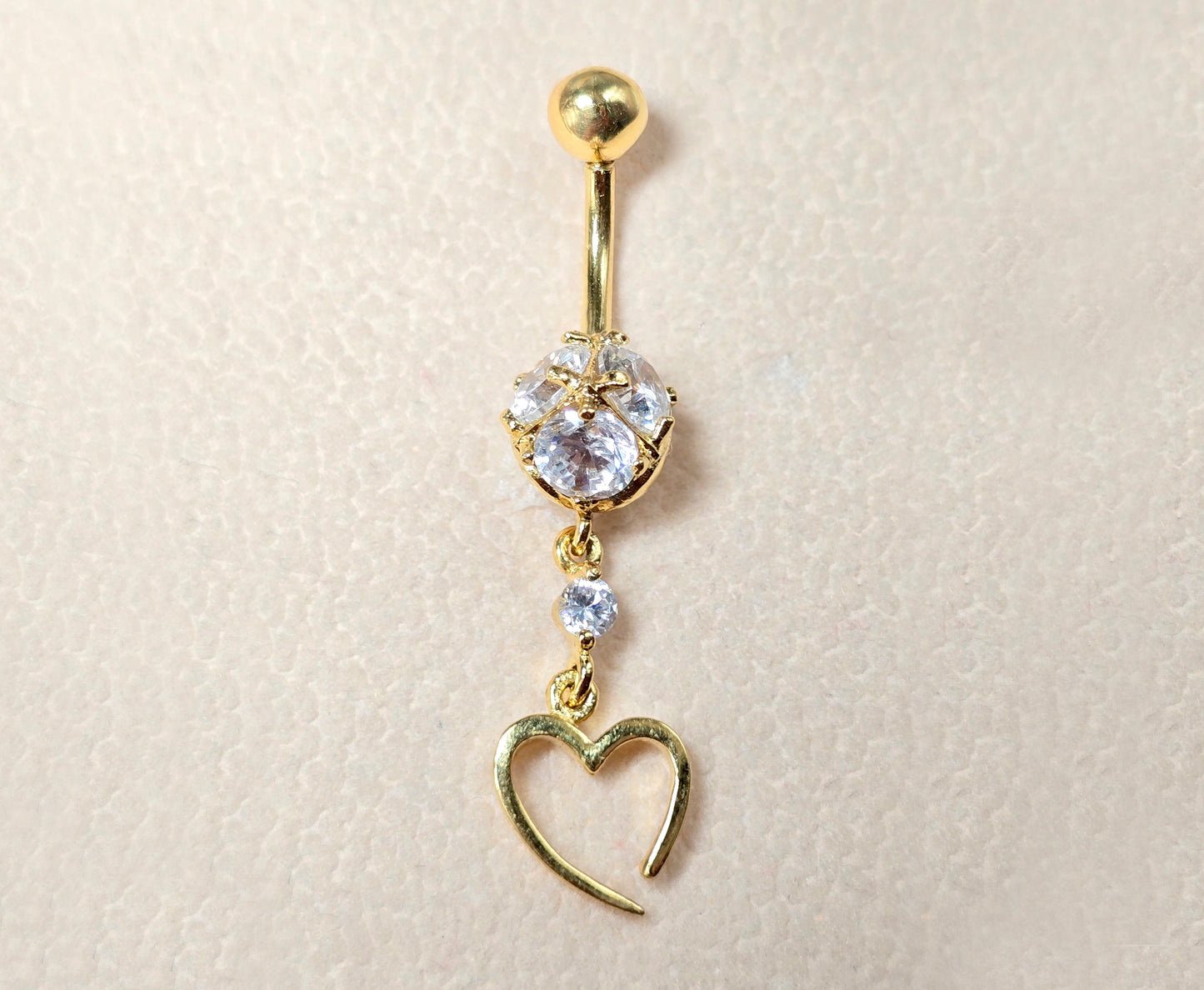 Belly Button Ring Dangle Open Heart Shape with Crystal Belly Ring - Belly Bar made of 14K Gold Fine Jewelry Hand Set and Hand Polished
