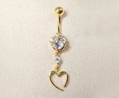 Belly Button Ring Dangle Open Heart Shape with Crystal Belly Ring - Belly Bar made of 14K Gold Fine Jewelry Hand Set and Hand Polished