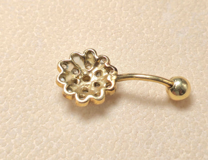14K Solid Gold Belly Button Ring Flower - Studded with Crystal Belly Ring - Hand Made 14K Gold Belly Bar for that very special Person