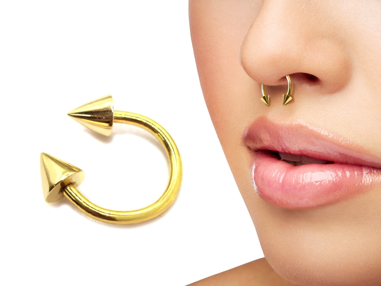 14K Solid Gold Cone/Spike Septum Nose Ring Horseshoe Barbell 16G 14G Piercing
