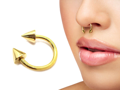 14K Solid Gold Cone/Spike Septum Nose Ring Horseshoe Barbell 16G 14G Piercing