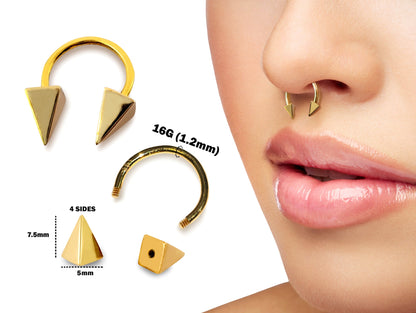 14K Gold Pyramid Spike Septum Horseshoe Barbell, Septum ring, Lip Piercing - 16G Body Jewellery Gold Nose Ring