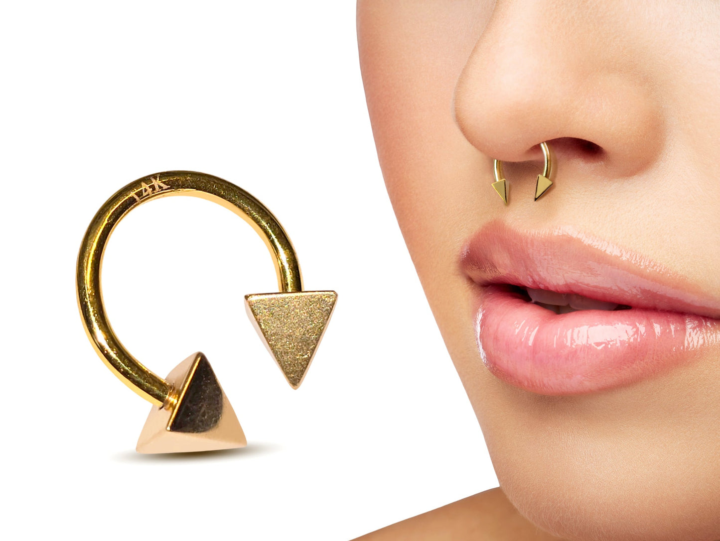 14K Gold Pyramid Cone Septum Horseshoe Barbell, Septum ring, Lip Piercing - 14G Body Jewellery Gold Nose Ring