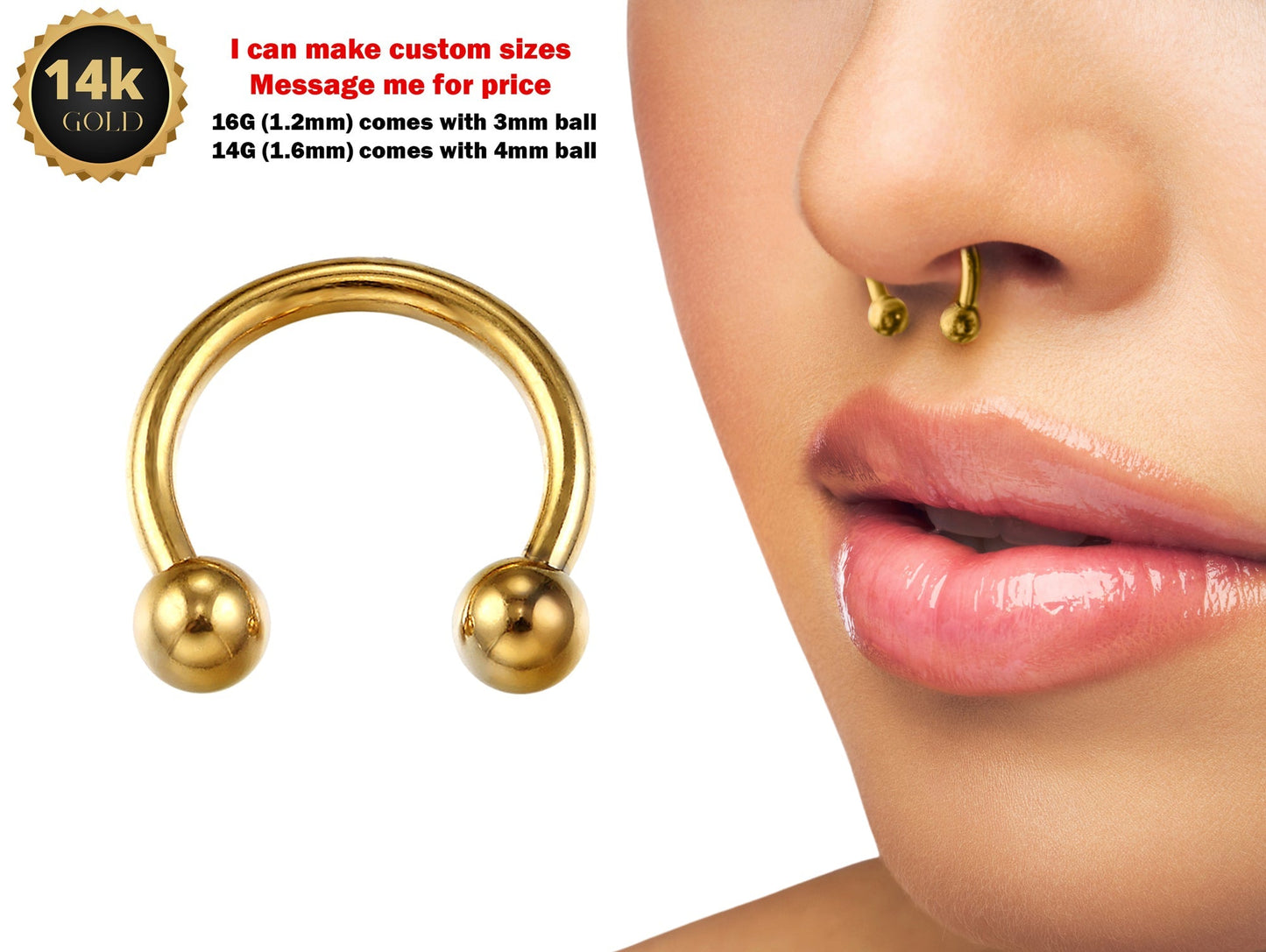 14K Solid Gold Horseshoe 16G 14G Circular Barbell CBB Nose Septum Piercing
