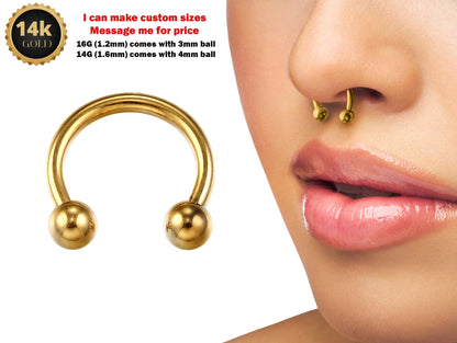 14K Solid Gold Horseshoe 16G 14G Circular Barbell CBB Nose Septum Piercing