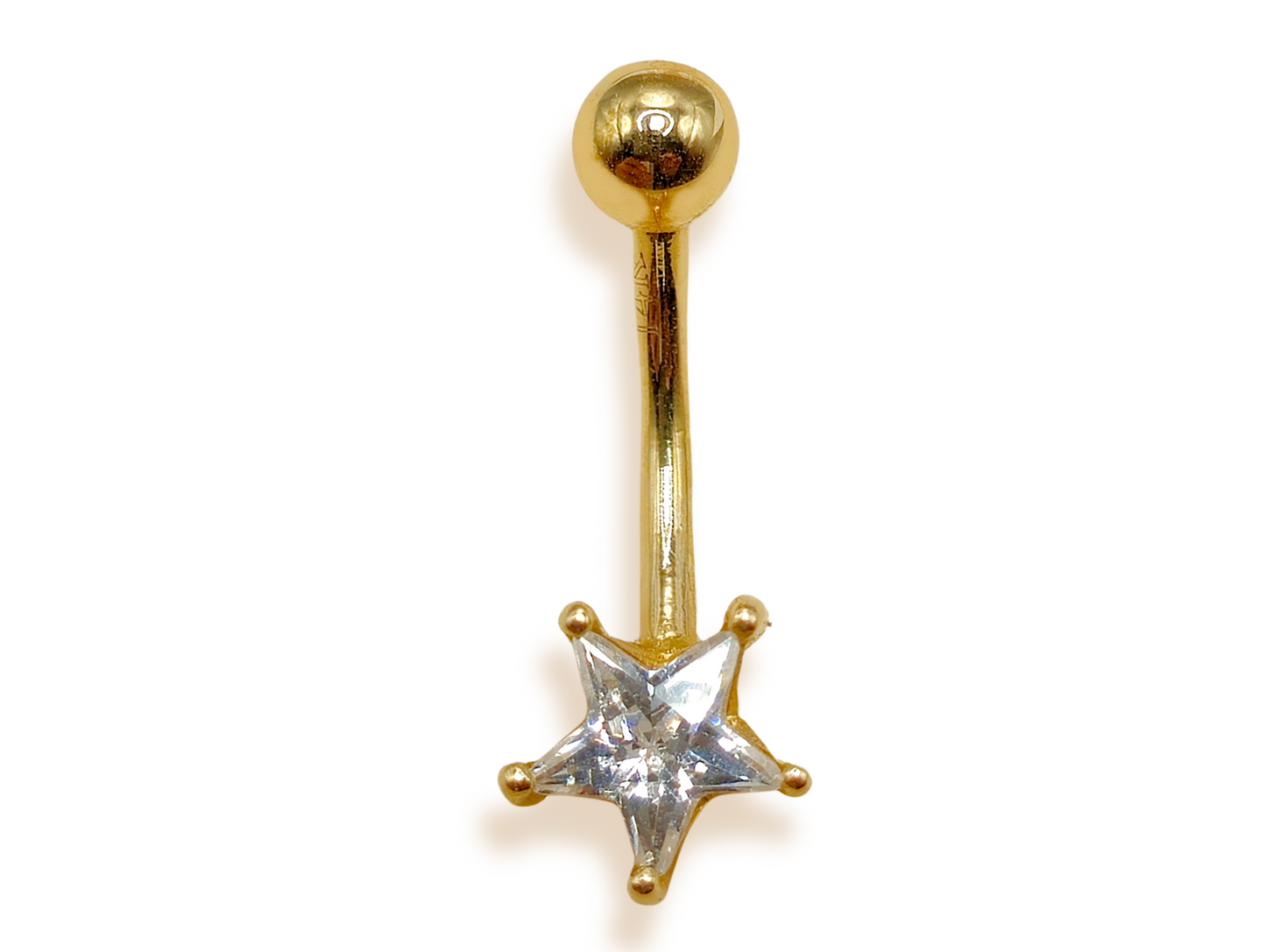 14K Solid Gold Belly Button Ring - Star Shape Crystal Belly Ring - Gold Belly Bar made of 14K Gold - Fine Jewelry Hand Set and Hand Polished