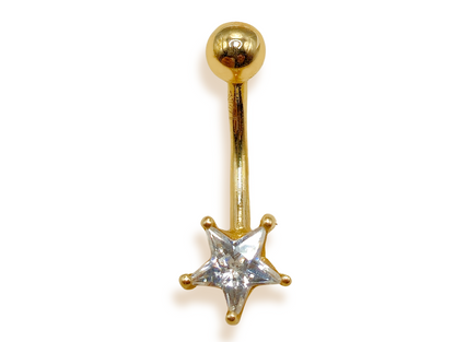 14K Solid Gold Belly Button Ring - Star Shape Crystal Belly Ring - Gold Belly Bar made of 14K Gold - Fine Jewelry Hand Set and Hand Polished