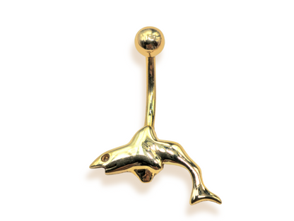 14K Gold Shark Belly Button Ring - Set and Hand Polished - Hand Made 14K Solid Gold Belly Bar for that very special Person