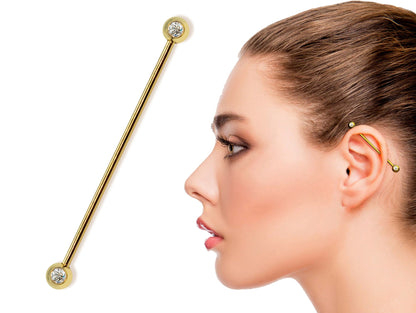 14G (1.6mm) | 14K Gold Industrial Barbell with Gemstones, Scaffold Piercing Internally Threaded Body Jewellery