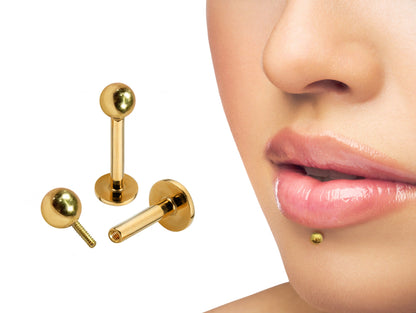 14K Solid Gold Internal Labret Lip Piercing -16G 14G - Body Jewellery for Tragus, Ear Cartilage