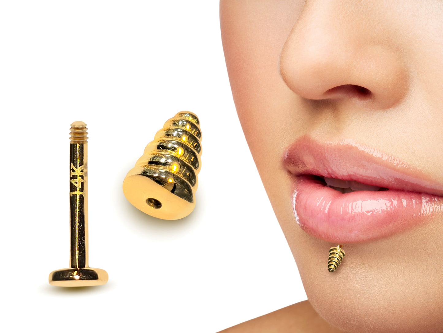 14K Gold Labret Stud Lip Jewellery, Lip Piercing Tragus Earring - Dumbbell Design - 16G Body Jewellery Gold Lip Bar