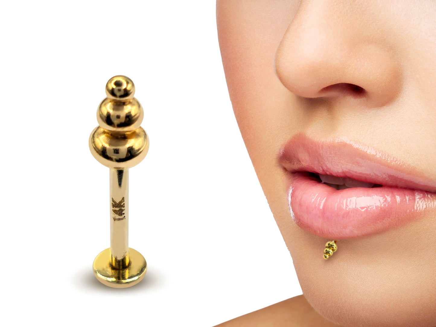14K Gold Unique Style Labret Stud Lip Jewellery, Lip Piercing Tragus Earring - 14G Body Jewellery Gold Lip Bar