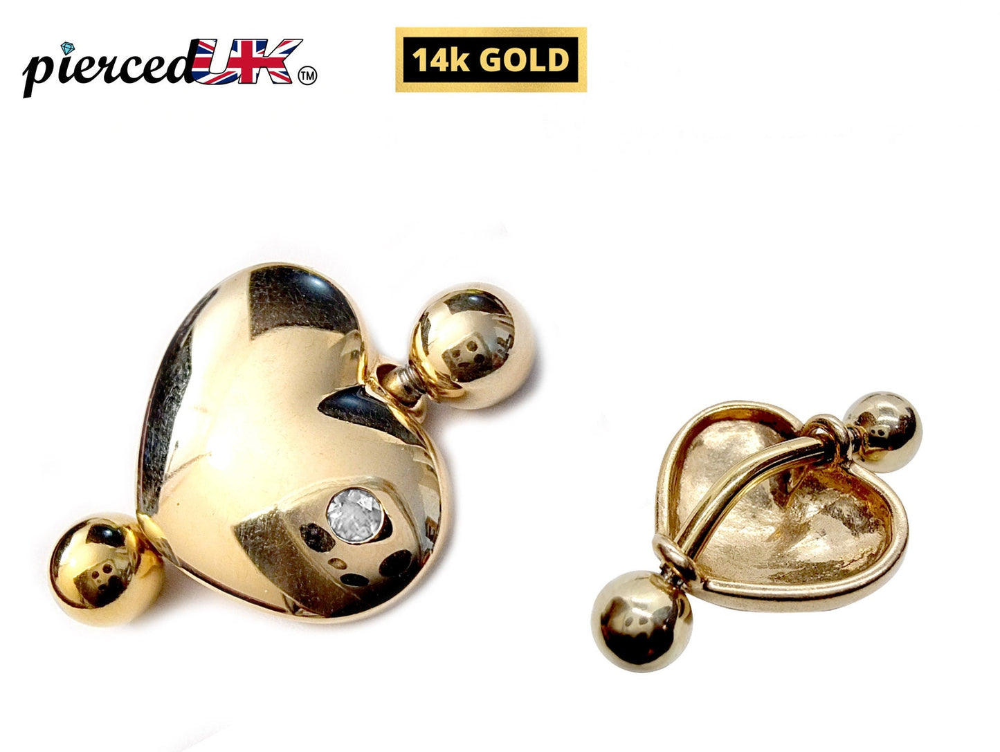 14K Gold Heart Belly Rings- Solid Gold Belly Button Ring with Gem Stone - 14g Belly Ring - Finest Quality Gold Body Piercing Jewelry