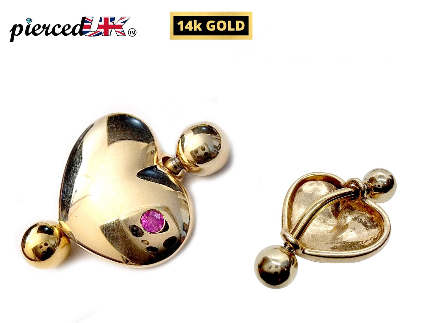 14K Gold Heart Belly Rings- Solid Gold Belly Button Ring with Gem Stone - 14g Belly Ring - Finest Quality Gold Body Piercing Jewelry