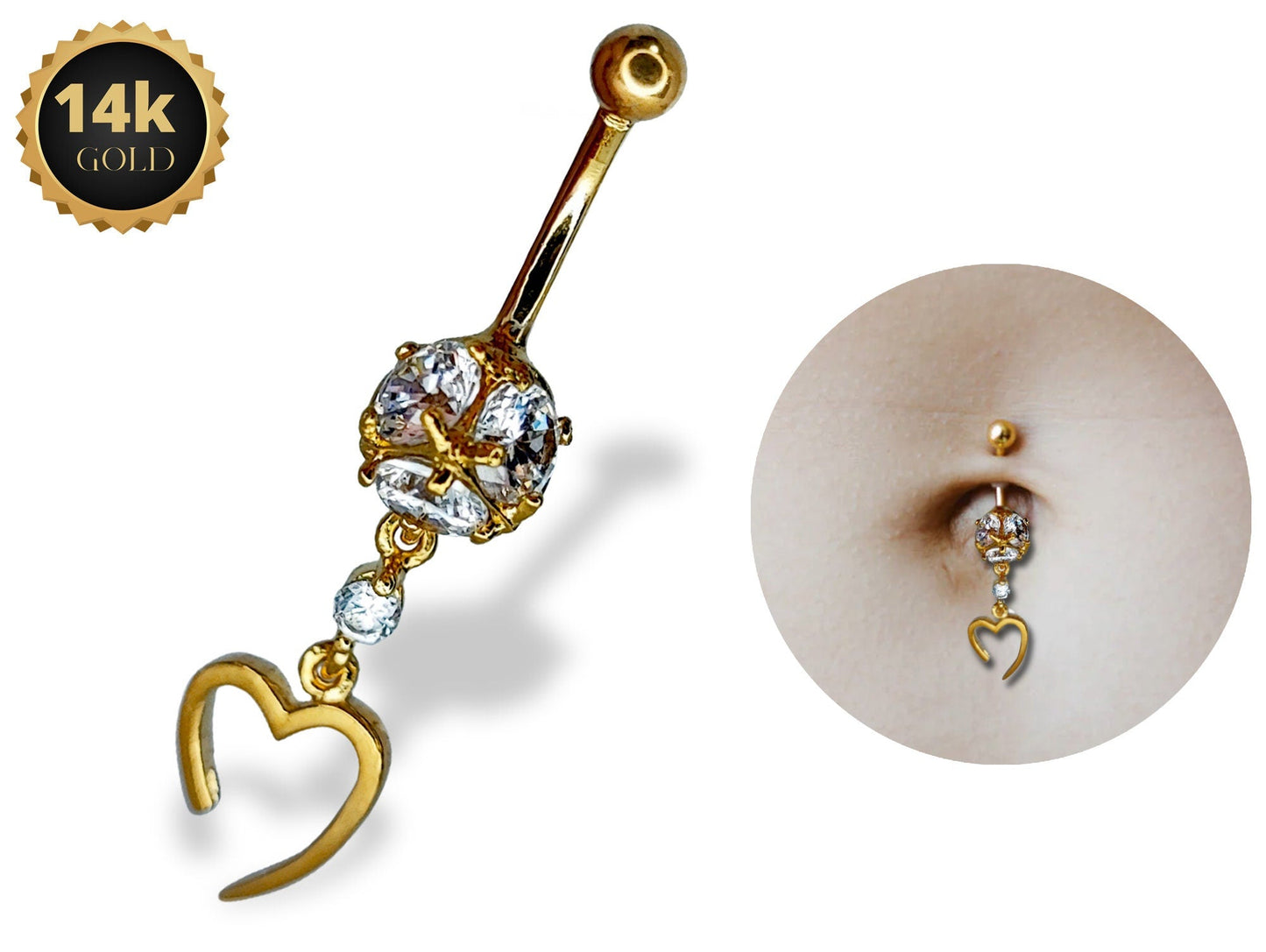 Belly Button Ring Dangle Open Heart Shape with Crystal Belly Ring - Belly Bar made of 14K Gold Fine Jewelry Hand Set and Hand Polished