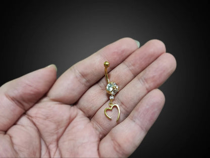 Belly Button Ring Dangle Open Heart Shape with Crystal Belly Ring - Belly Bar made of 14K Gold Fine Jewelry Hand Set and Hand Polished