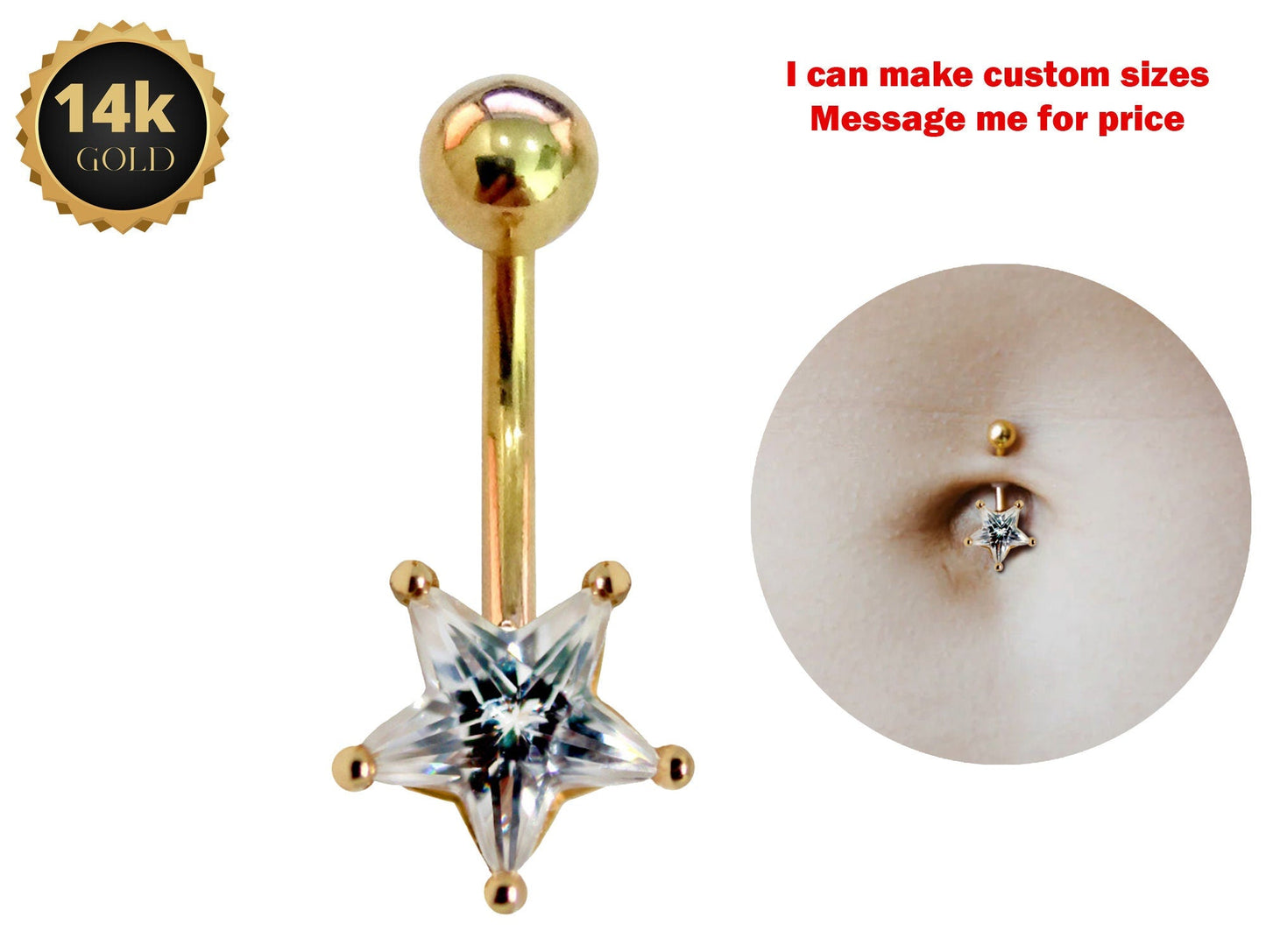 14K Solid Gold Belly Button Ring - Star Shape Crystal Belly Ring - Gold Belly Bar made of 14K Gold - Fine Jewelry Hand Set and Hand Polished