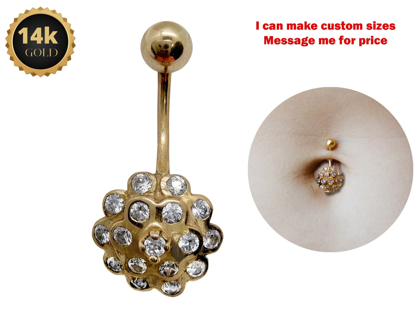 14K Solid Gold Belly Button Ring Flower - Studded with Crystal Belly Ring - Hand Made 14K Gold Belly Bar for that very special Person