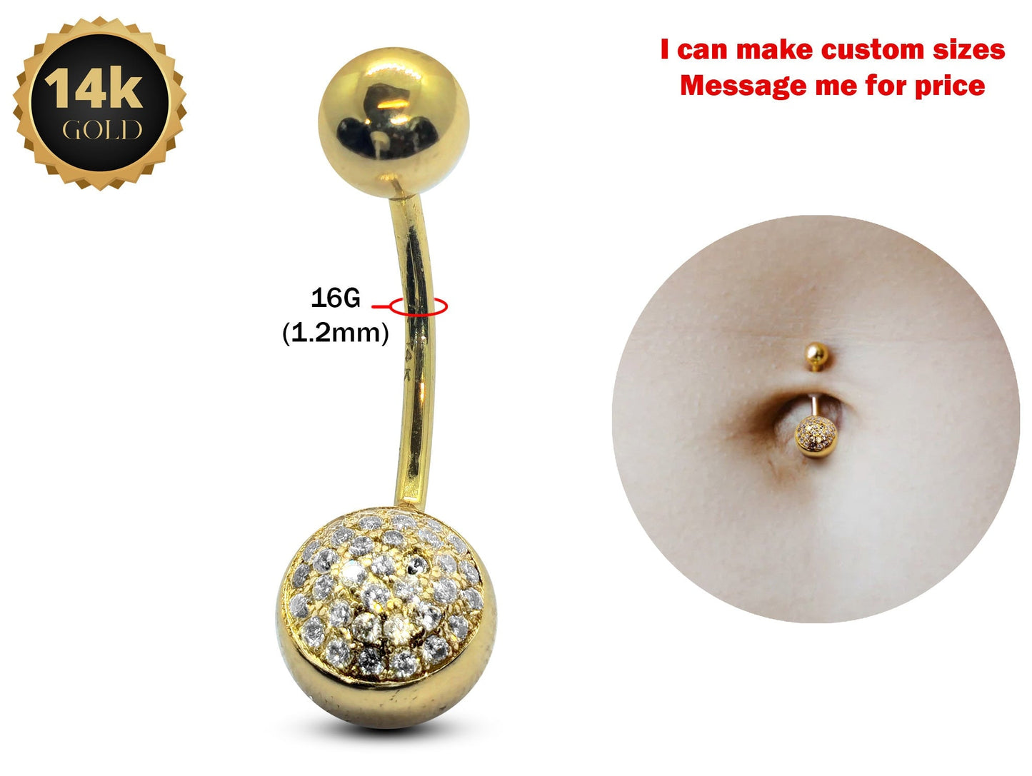 14K Solid Gold Belly Button Ring, 16G Belly Bar with Studded Crystals Belly Ring - Hand Set and Hand Polished - Gold Body Jewellery