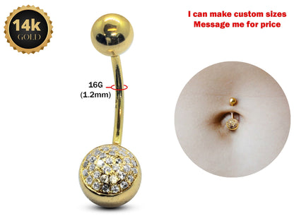14K Solid Gold Belly Button Ring, 16G Belly Bar with Studded Crystals Belly Ring - Hand Set and Hand Polished - Gold Body Jewellery