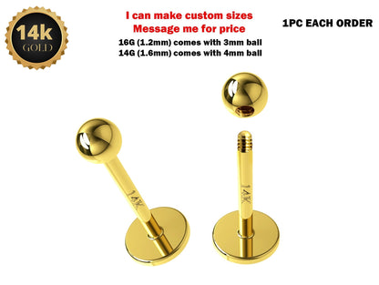 14K Solid Gold Labret Lip Piercing -16G & 14G - 14K Gold Body Piercing for Tragus, Medusa Lip, Ashley Jewelry, Cartilage Piercing- Hand Made