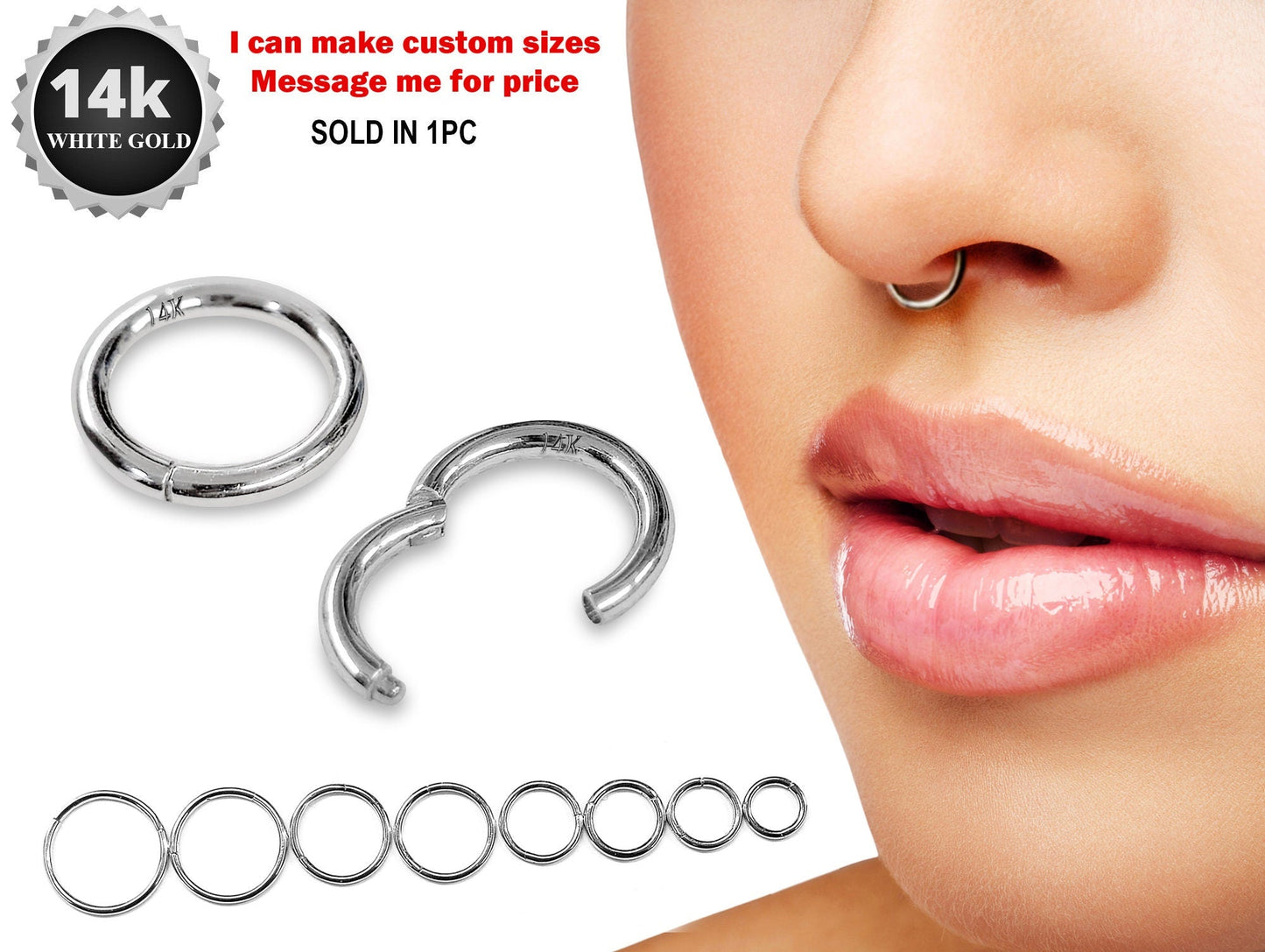 14K White Gold Septum Clicker Hoops Nose Hoop, Lip Piercing Hinged Ring - Body Jewellery  - 1pc each order