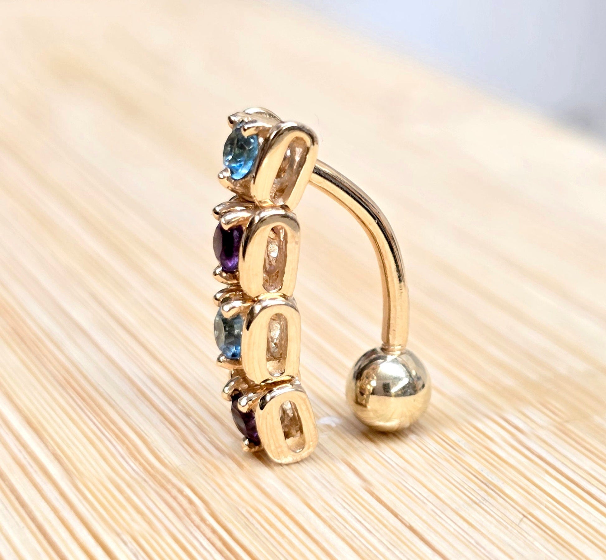 Solid 14K Gold Belly Button Ring - 14K Gold Inverted Belly Ring, Belly Bar, Navel Jewellery with Moving joints parts and Precious Stones