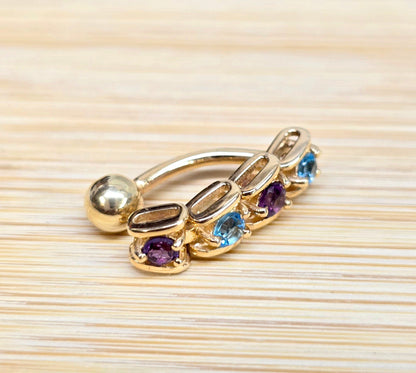 Solid 14K Gold Belly Button Ring - 14K Gold Inverted Belly Ring, Belly Bar, Navel Jewellery with Moving joints parts and Precious Stones