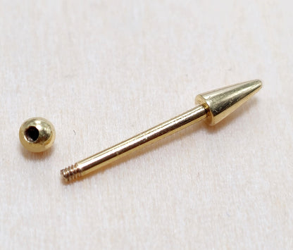 14K Solid Gold Spike Barbell Earrings, Cartilage Helix Piercing Ball and Cone Combinations - Body Piercing Also for Nipple Bar