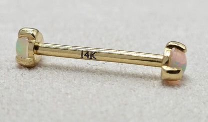 14K Solid Gold Nipple Barbell Jewellery with Opal Stone - Internally threaded - Body Piercing Also for Cartilage Earrings - 1pc each order