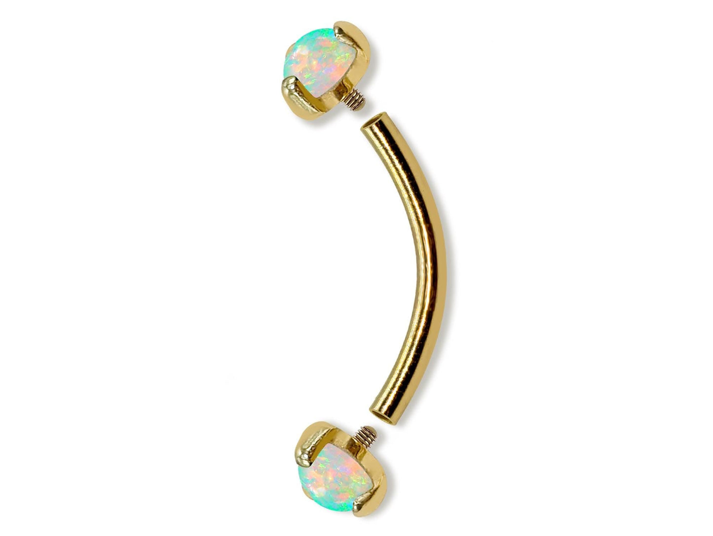14K Gold Internal Curved Barbell with Prong Set Opal Stone, Eyebrow Piercing, Cartilage Stud, Belly Ring - 16G Body Jewellery Gold Bent Bar