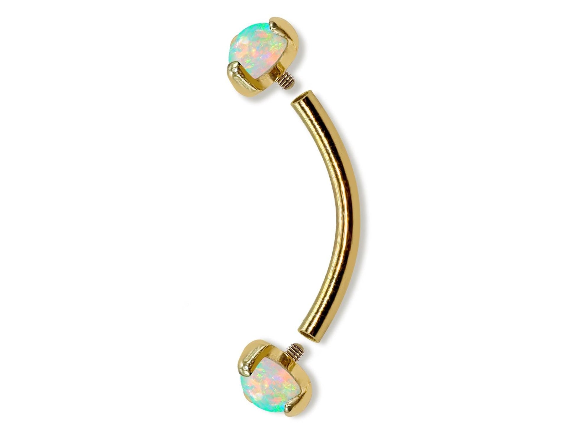 14K Gold Internal Curved Barbell with Prong Set Opal Stone, Eyebrow Piercing, Cartilage Stud, Belly Ring - 16G Body Jewellery Gold Bent Bar